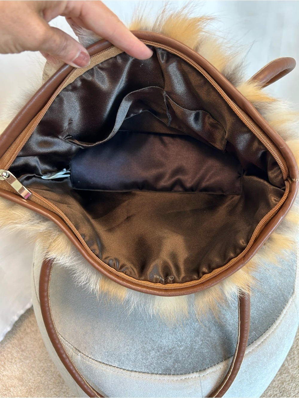 Fox Fur Tote in Brown Cream and Gray real fur shoulder bag - Picture 10 of 14